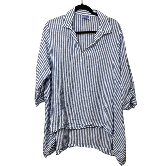 Pine Cone Hill Annie Selke Ellie‎ Linen Blue Stripe Smock 100% Linen L/XL - Picture 1 of 4